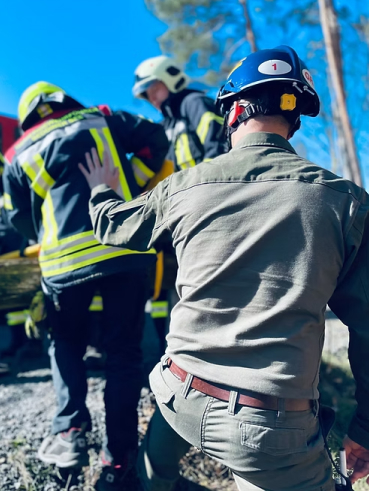 Draußen-Einsatz: Mehrere Personen in Einsatzkleidung der Feuerwehr tragen eine Person auf einer Trage durch unwegsames Gelände.